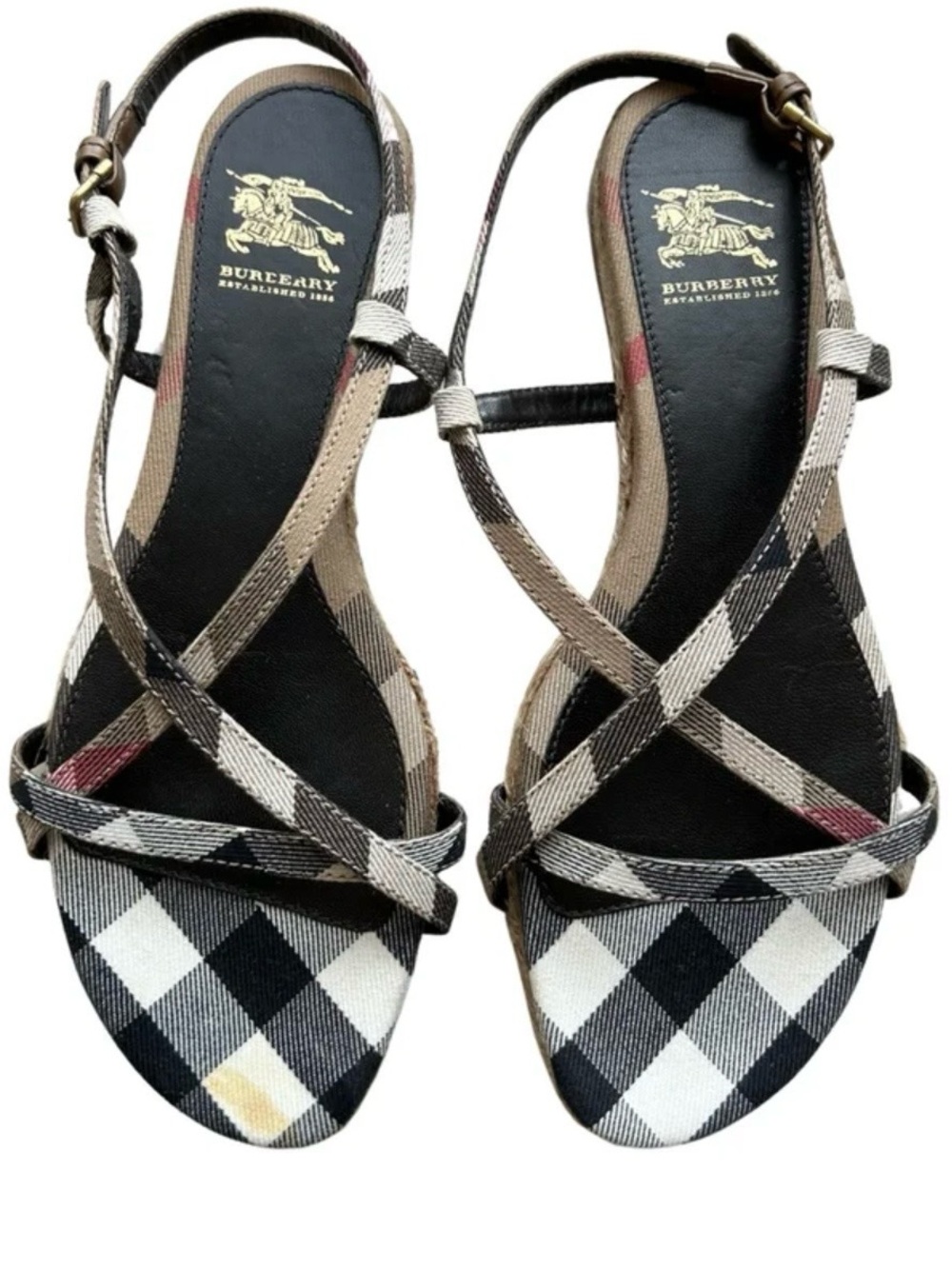 Burberry Black Tan Check Crisscross Strap Sandals